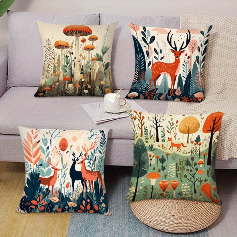 Deer and Mushroom Polyester Throw Pillow Cover Woven Style for Living Room Bedroom