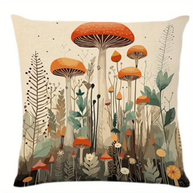 Deer and Mushroom Polyester Throw Pillow Cover Woven Style for Living Room Bedroom