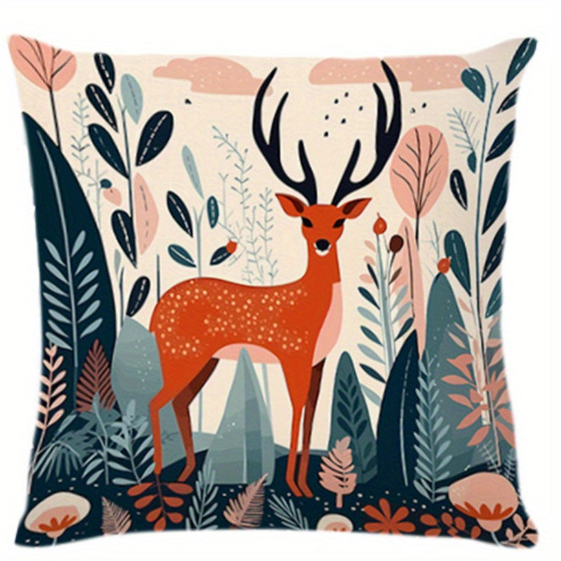 Deer and Mushroom Polyester Throw Pillow Cover Woven Style for Living Room Bedroom