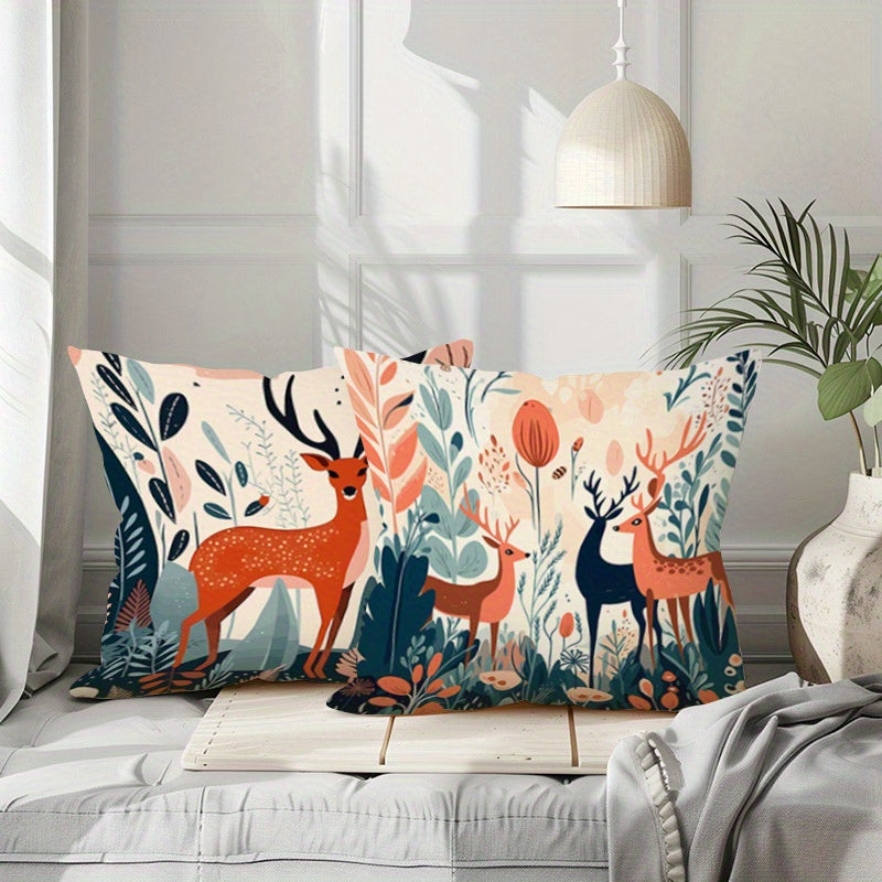Deer and Mushroom Polyester Throw Pillow Cover Woven Style for Living Room Bedroom