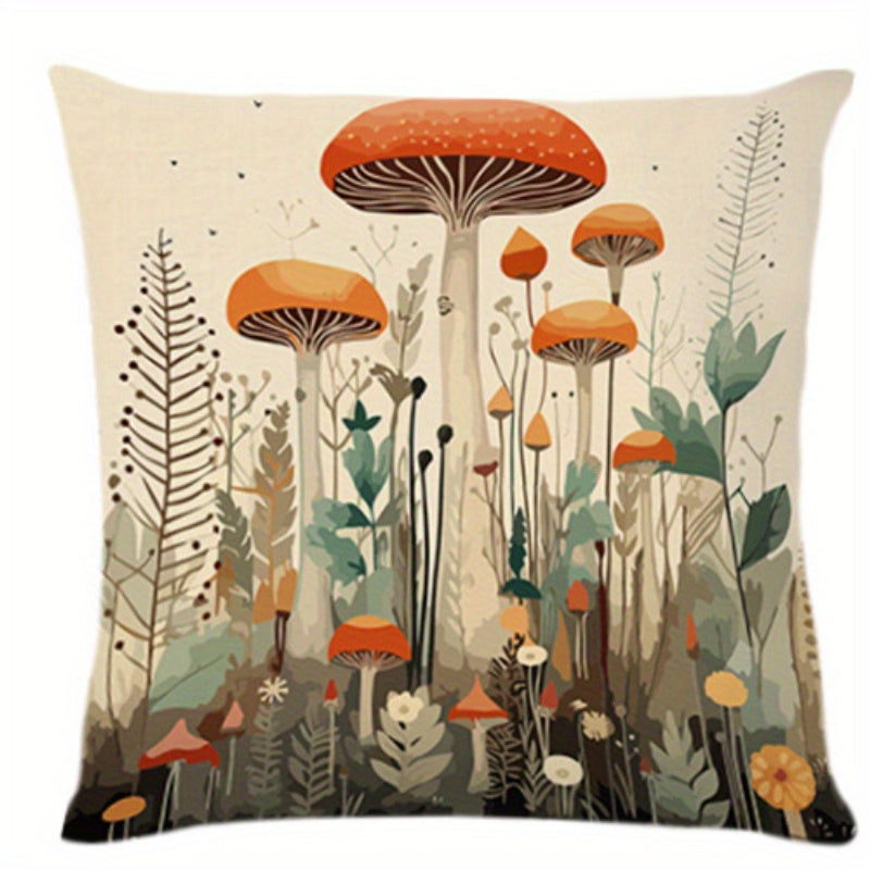 Deer and Mushroom Polyester Throw Pillow Cover Woven Style for Living Room Bedroom