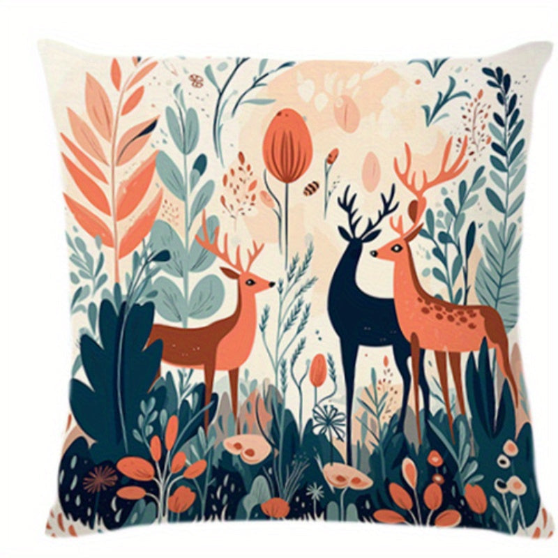 Deer and Mushroom Polyester Throw Pillow Cover Woven Style for Living Room Bedroom