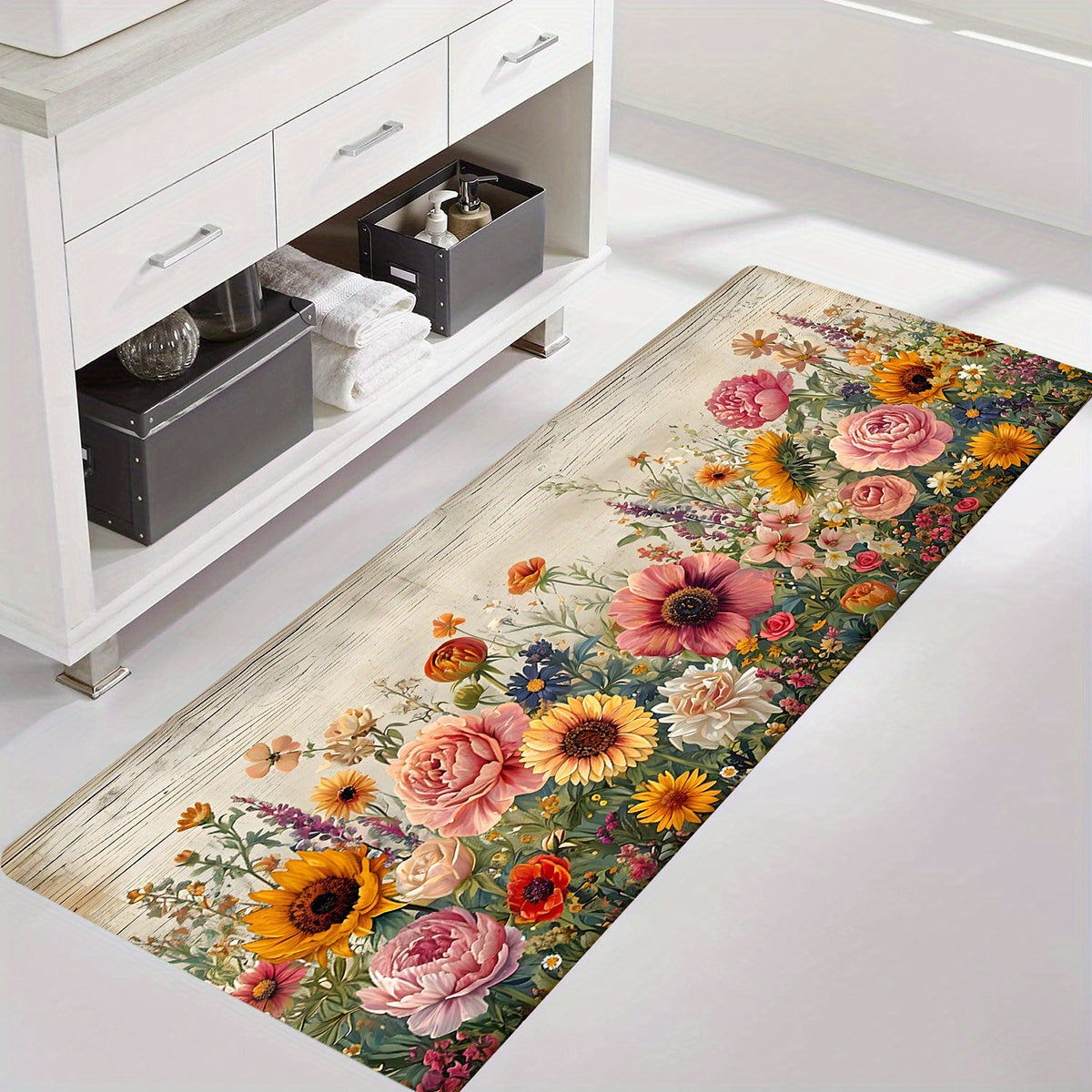 Vibrant Floral Non-Slip Kitchen Mat Polyester Washable Lightweight for Kitchen Living Bedroom Entryway
