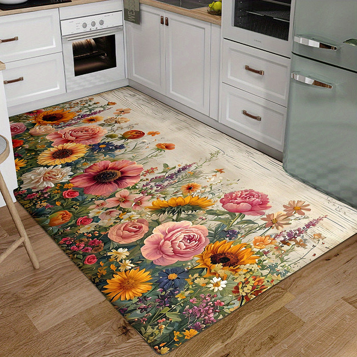 Vibrant Floral Non-Slip Kitchen Mat Polyester Washable Lightweight for Kitchen Living Bedroom Entryway