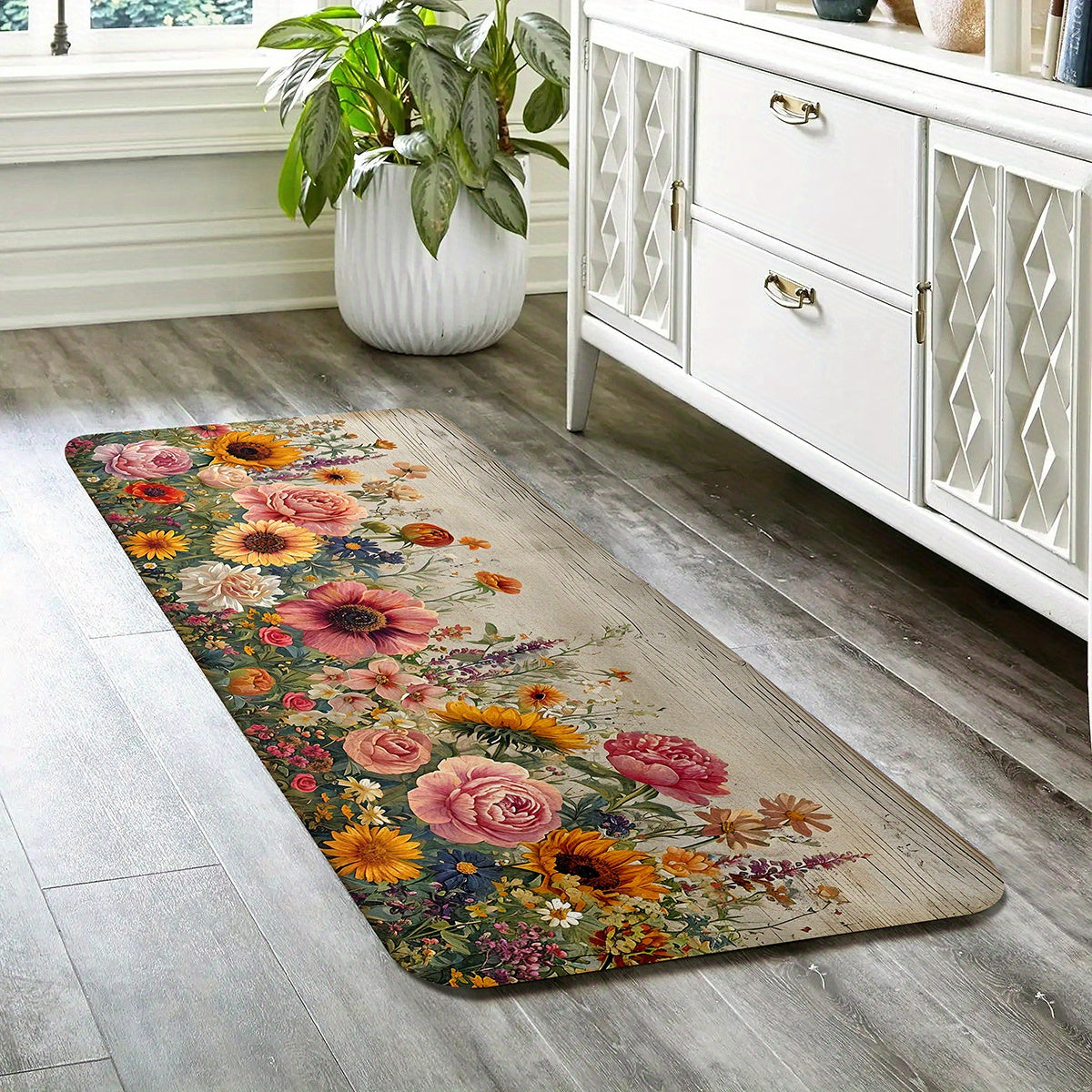 Vibrant Floral Non-Slip Kitchen Mat Polyester Washable Lightweight for Kitchen Living Bedroom Entryway