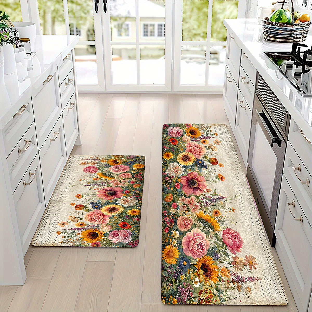 Vibrant Floral Non-Slip Kitchen Mat Polyester Washable Lightweight for Kitchen Living Bedroom Entryway