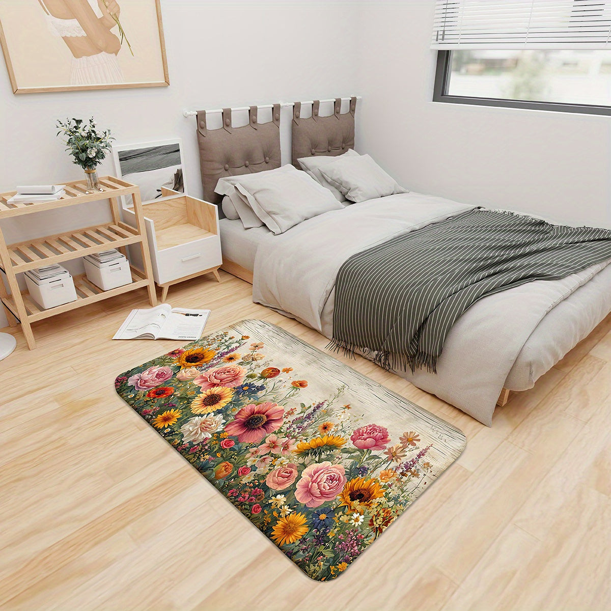 Vibrant Floral Non-Slip Kitchen Mat Polyester Washable Lightweight for Kitchen Living Bedroom Entryway