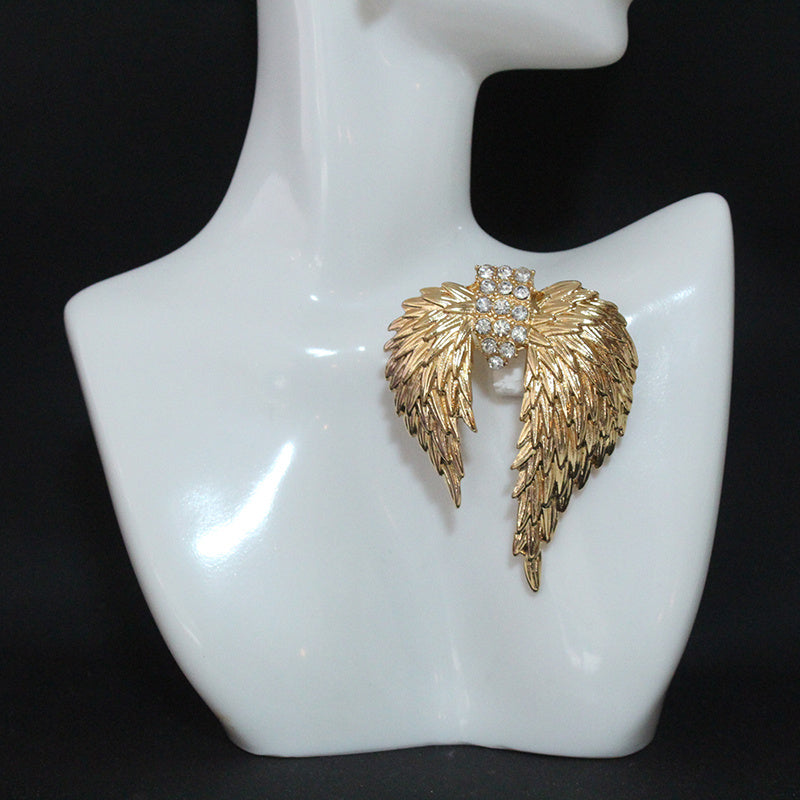 Elegant Gold Winged Feather Brooch Pin with Rhinestones for Women