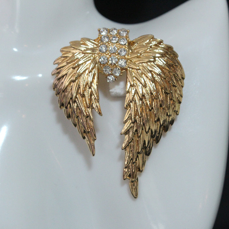 Elegant Gold Winged Feather Brooch Pin with Rhinestones for Women