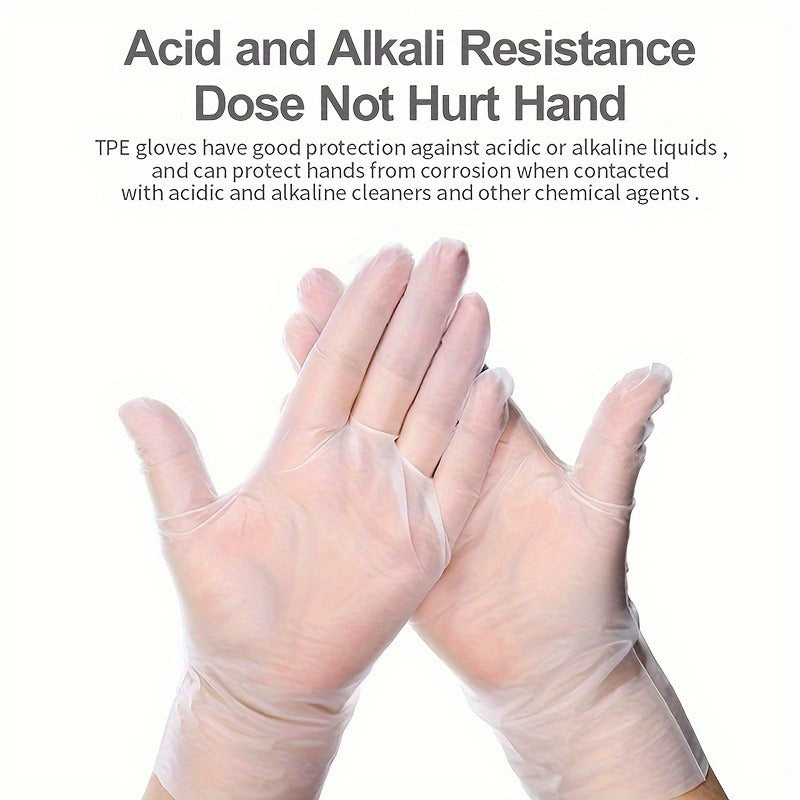 100 dona suv o'tkazmaydigan TPE bir martalik qo'lqoplar - shaffof, toksik bo'lmagan, mustahkam, yirtilishga chidamli, oshxona, hammom, tozalash, oziq-ovqat bilan ishlash, avtomobil va bo'yash ishlariga ideal