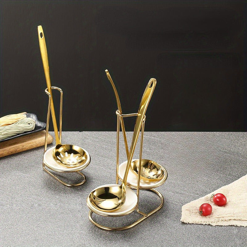Golden-Tone Stainless Steel and Ceramic Hot Pot Spoon and Chopstick Holder Open Storage