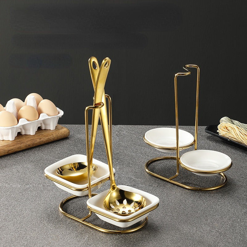 Golden-Tone Stainless Steel and Ceramic Hot Pot Spoon and Chopstick Holder Open Storage