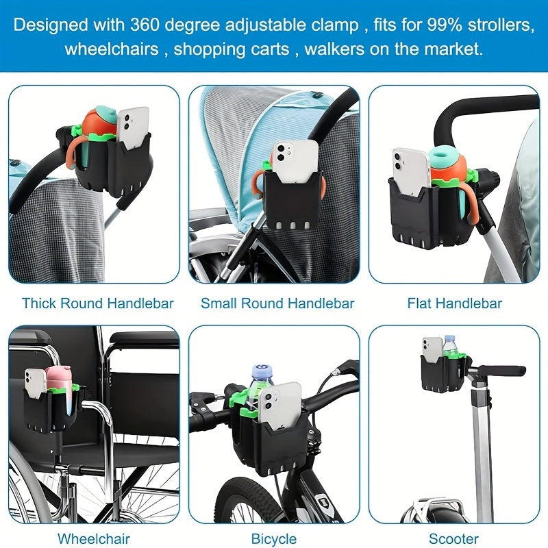 Universal Stroller Cup Holder with Phone Holder for Bikes Wheelchairs and Walkers