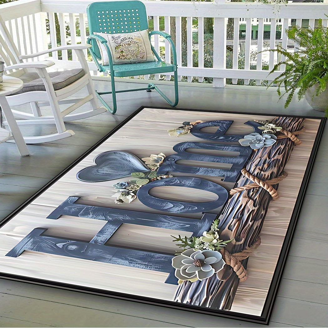 Koʻk gullli eshik matosi, sirpanmaydigan, kristal samoviy mato, ichki va tashqi foydalanish uchun, rustik yogʻoch va tosh dizayni