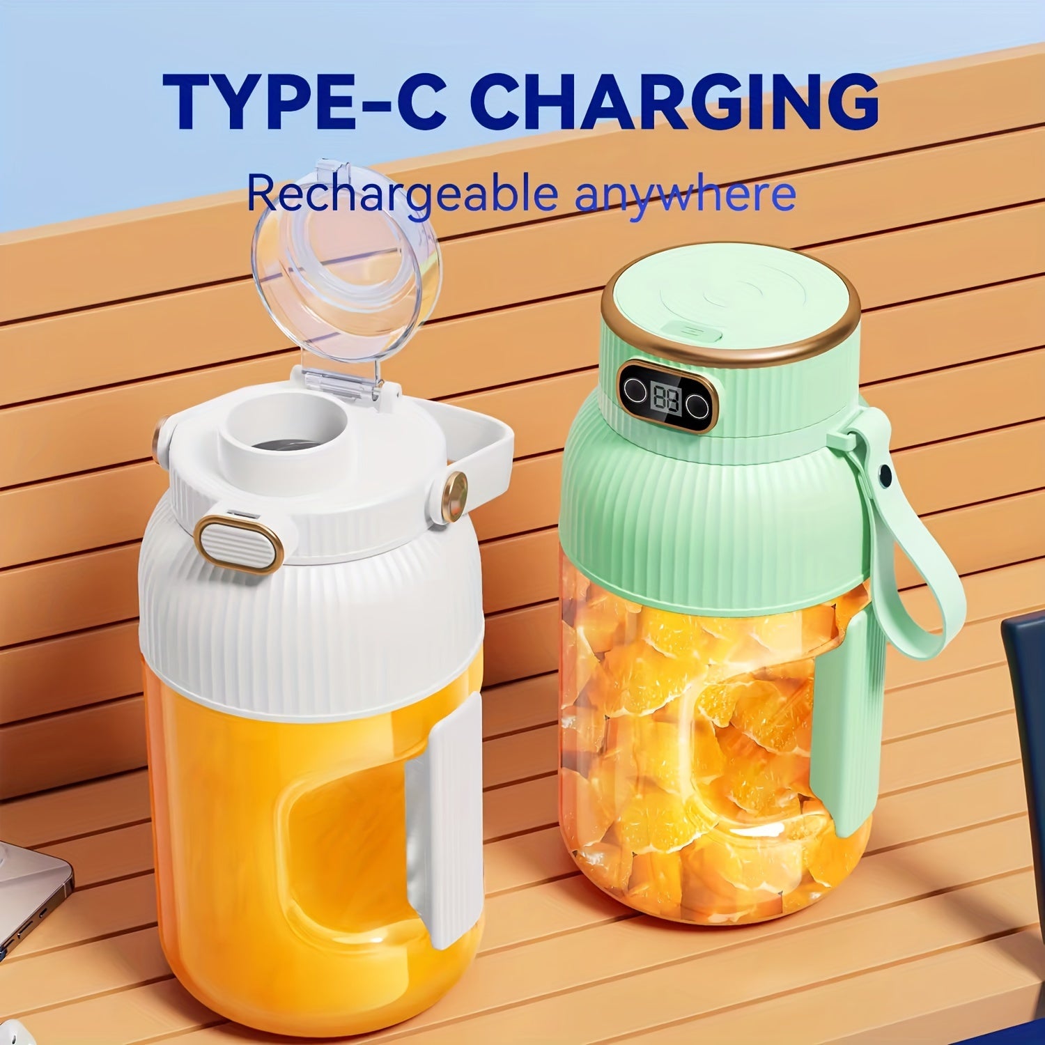 Portable Juicer Cup 1200ml with Lids Silicone Straw Type-C Charging