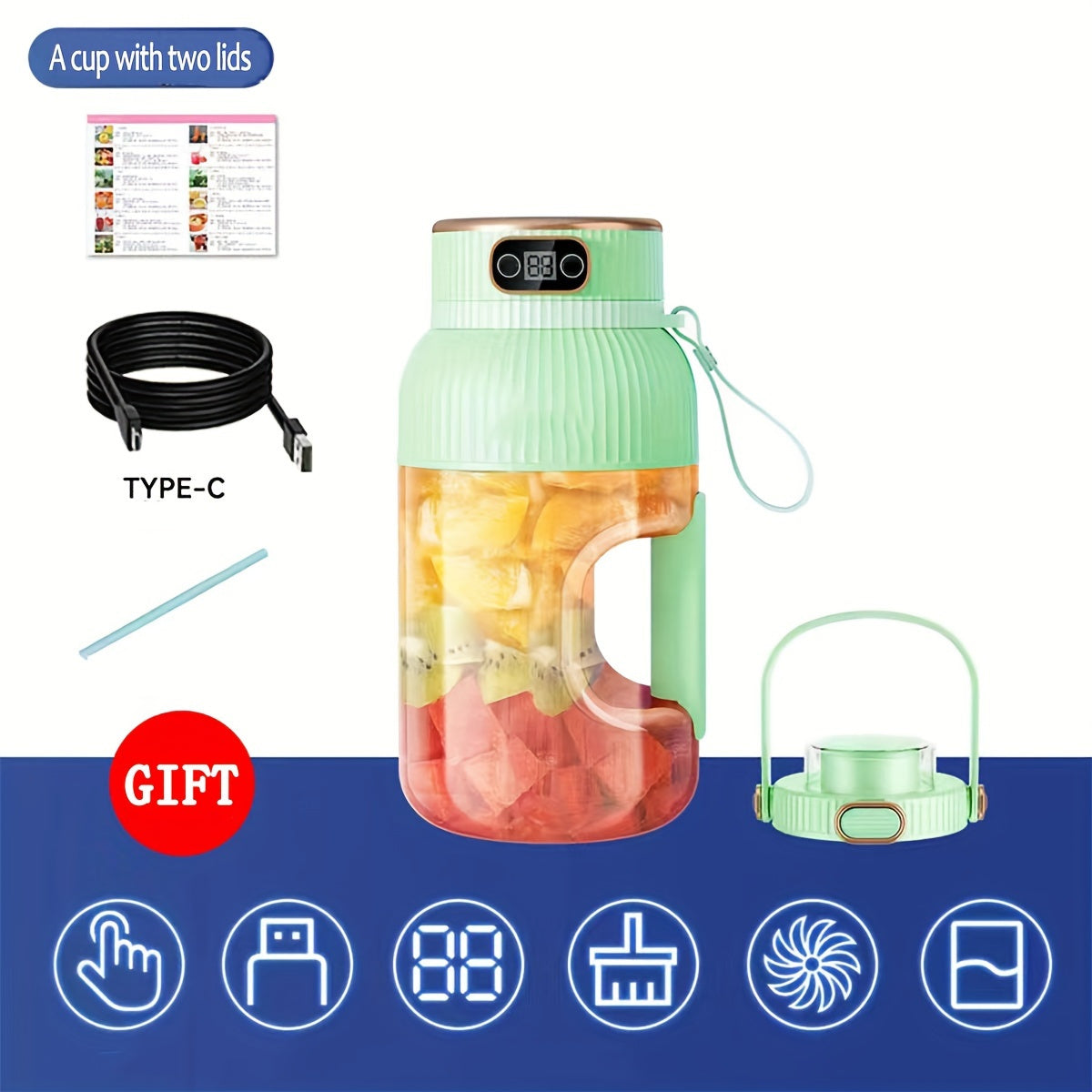 Portable Juicer Cup 1200ml with Lids Silicone Straw Type-C Charging