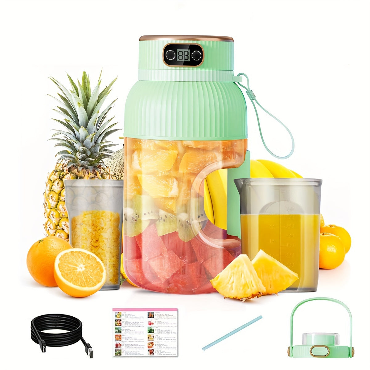 Portable Juicer Cup 1200ml with Lids Silicone Straw Type-C Charging
