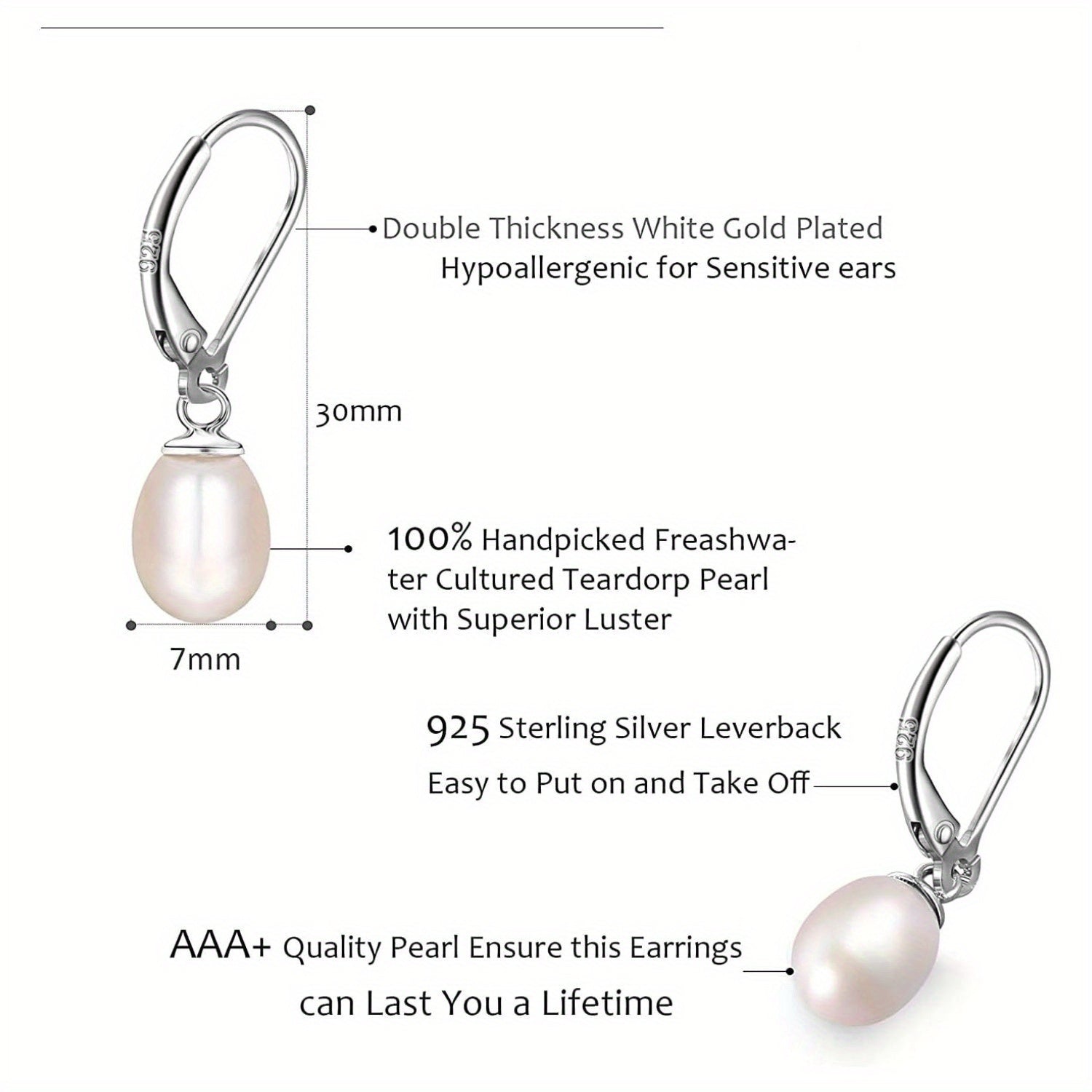 Sterling Silver Pearl Dangle Earrings Set for Women with Cultured Freshwater Pearls