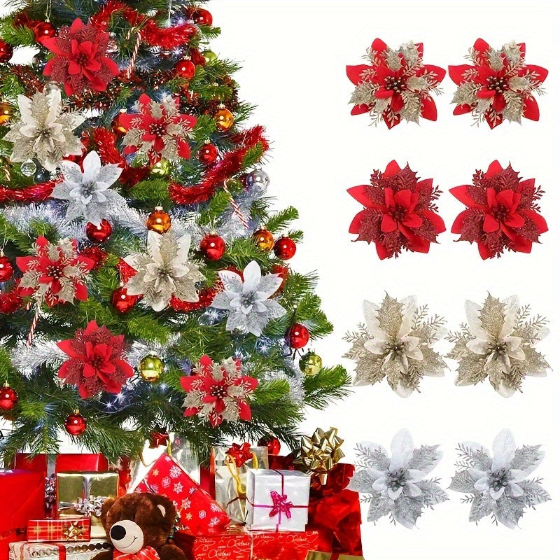 20pcs Poinsettia Christmas Flowers Double Layer Pink Border Decorations for Festive Holiday
