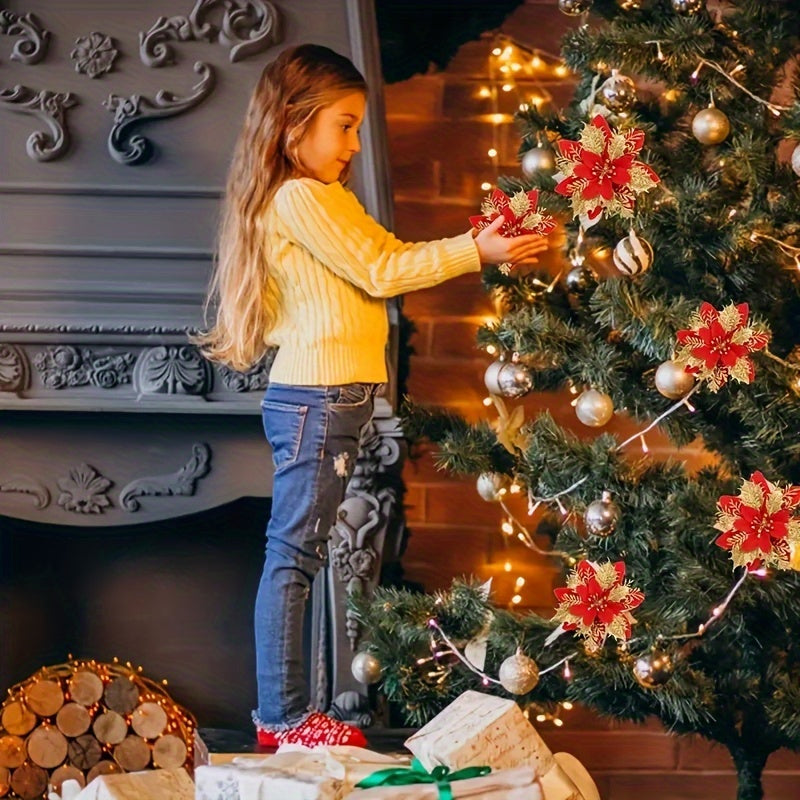 20pcs Poinsettia Christmas Flowers Double Layer Pink Border Decorations for Festive Holiday