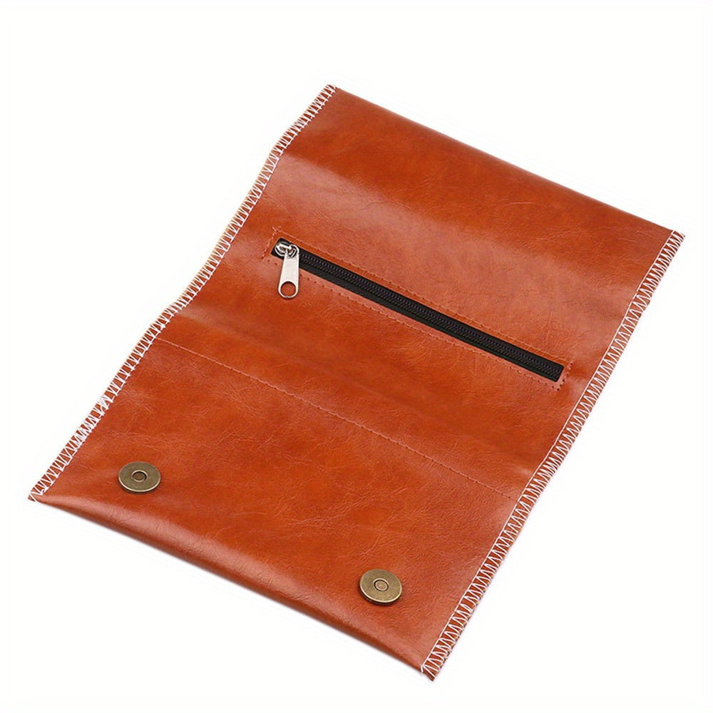 Leather Tobacco Pouch 3-Fold Cigarette Case with Zipper Portable Accessory