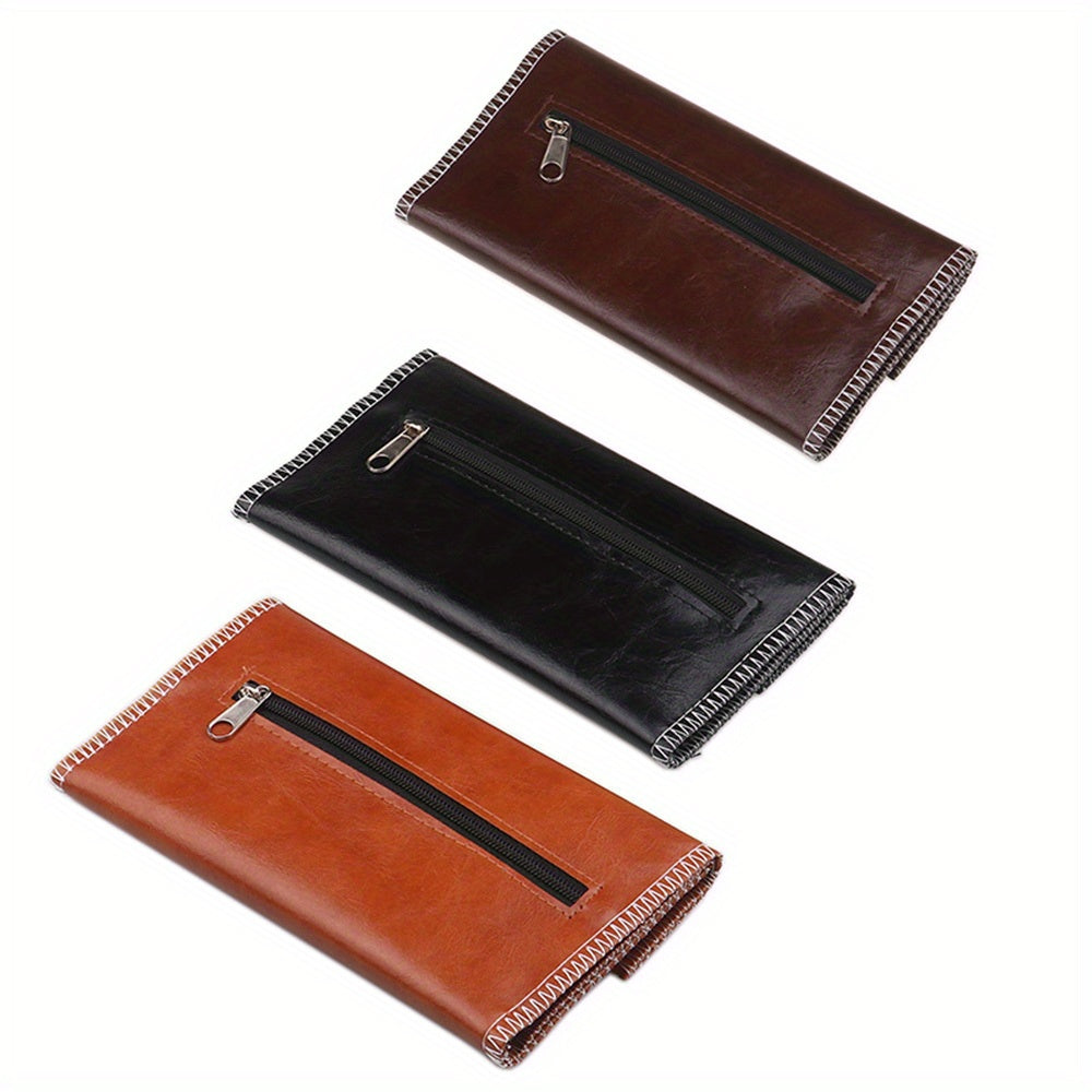 Leather Tobacco Pouch 3-Fold Cigarette Case with Zipper Portable Accessory