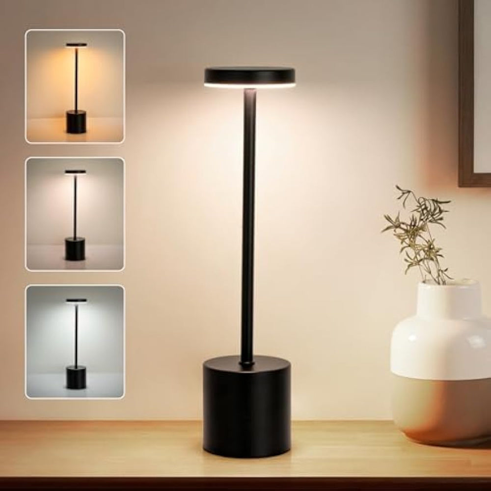 Qora qayta to'ldiriladigan LED stol lampasi, sensorli boshqaruv va sozlanadigan yoritish bilan