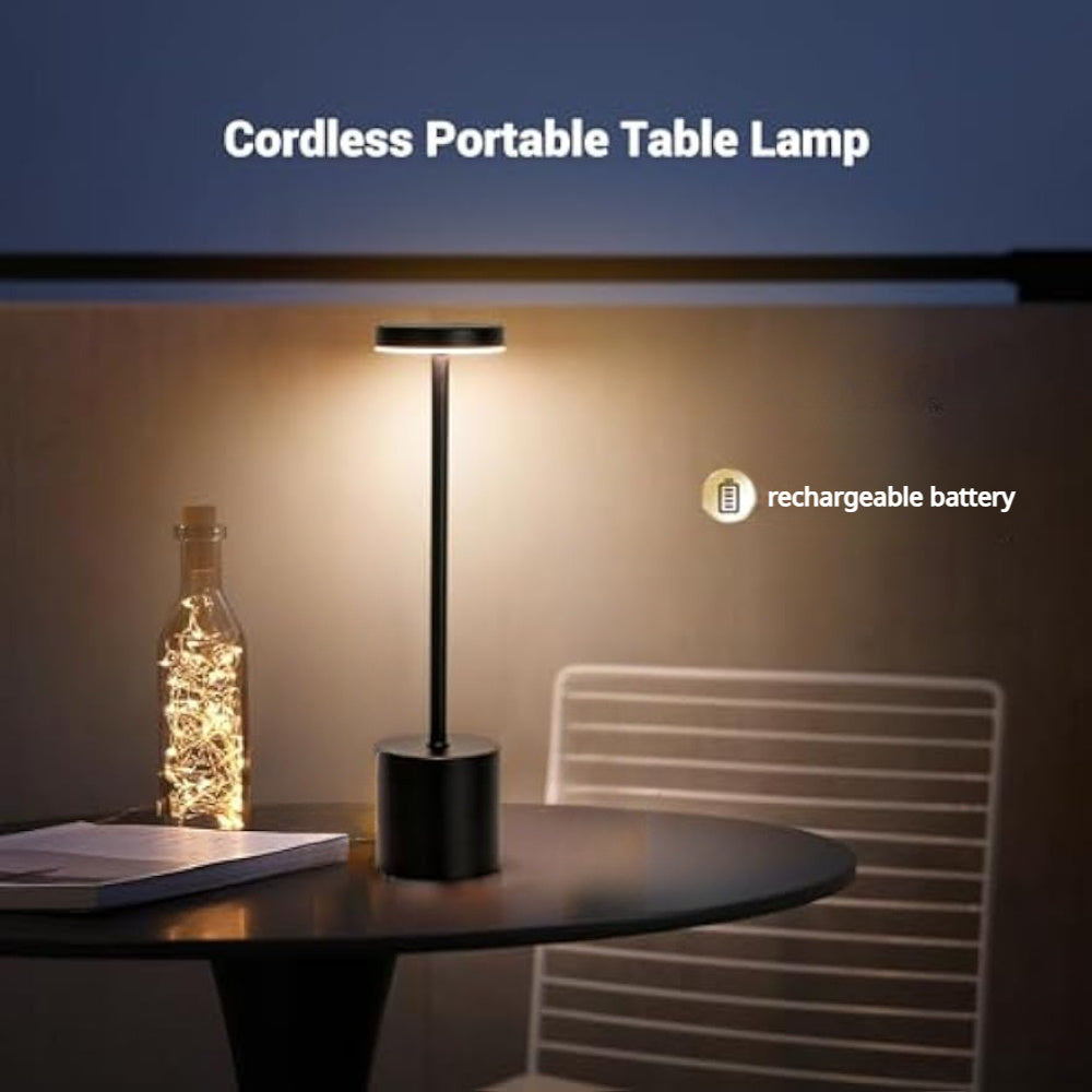 Qora qayta to'ldiriladigan LED stol lampasi, sensorli boshqaruv va sozlanadigan yoritish bilan