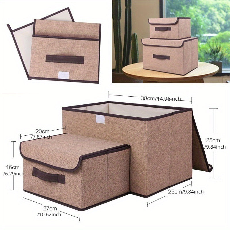 Set of 2 Linen Storage Boxes for Cosmetics Stationery and Clothing Rectangular Non-Waterproof