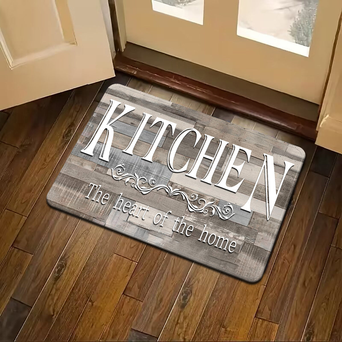 Non-Slip Kitchen Mat with Rustic KITCHEN Print, Absorbent Flannel Rug for Entryway Bathroom Living Room