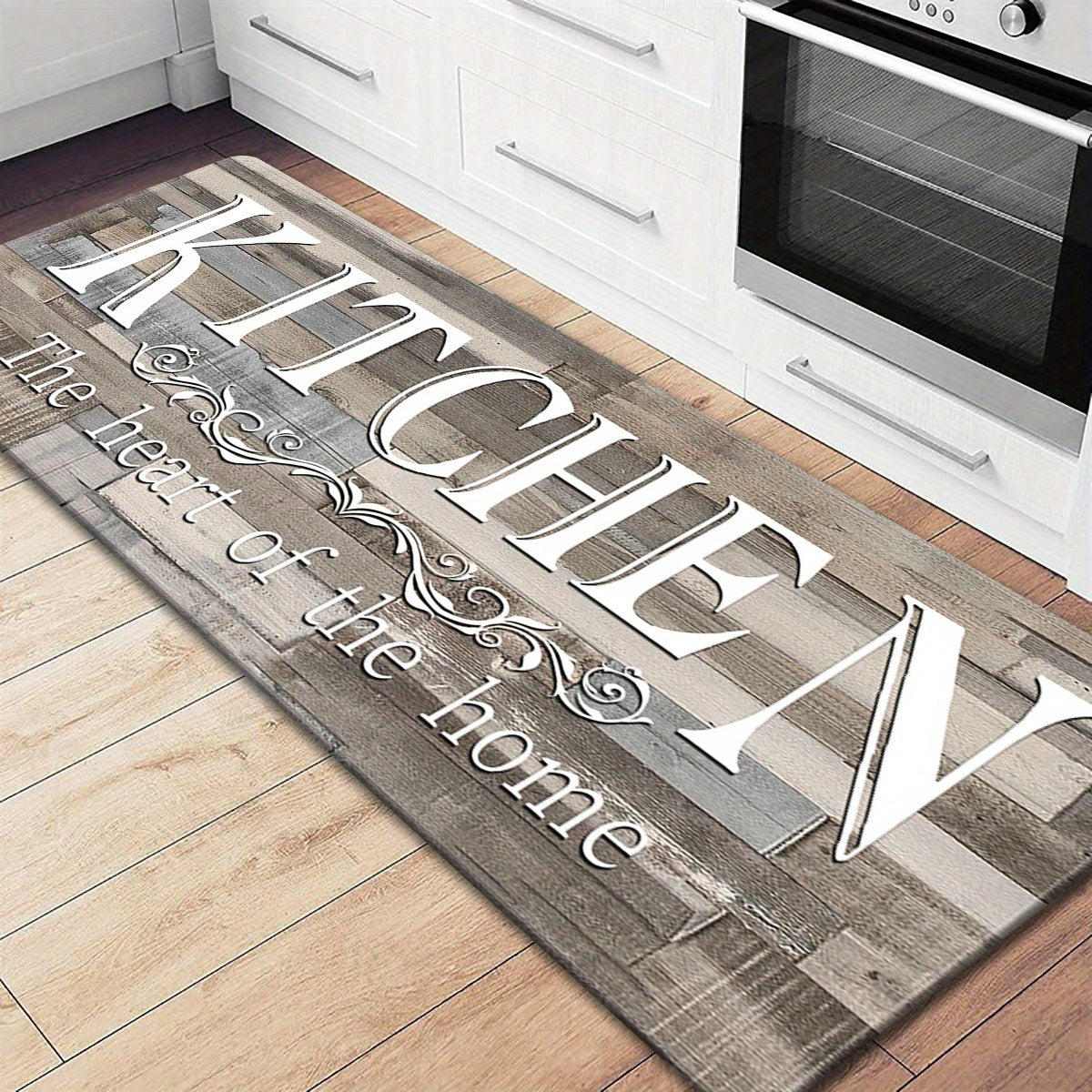 Non-Slip Kitchen Mat with Rustic KITCHEN Print, Absorbent Flannel Rug for Entryway Bathroom Living Room