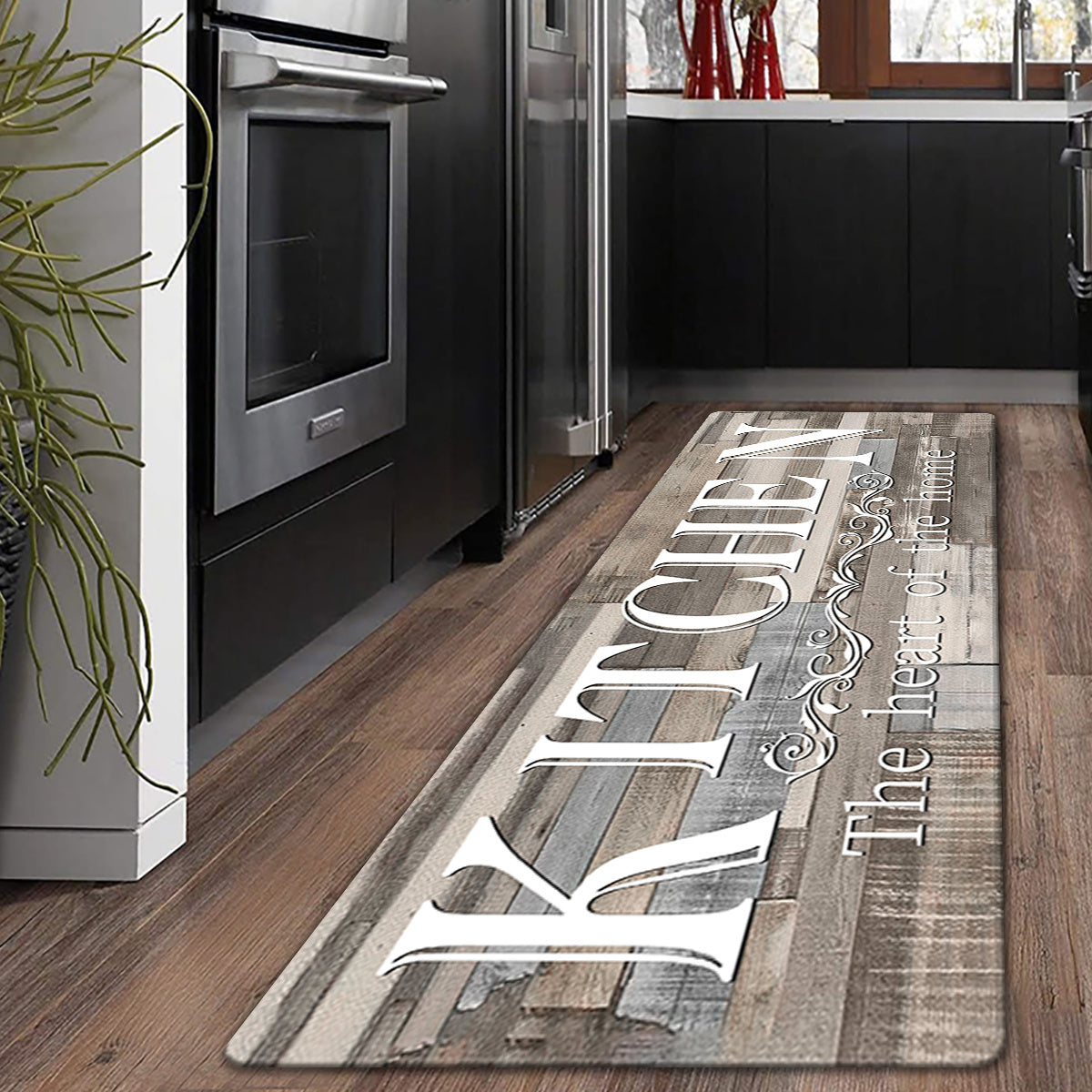 Non-Slip Kitchen Mat with Rustic KITCHEN Print, Absorbent Flannel Rug for Entryway Bathroom Living Room