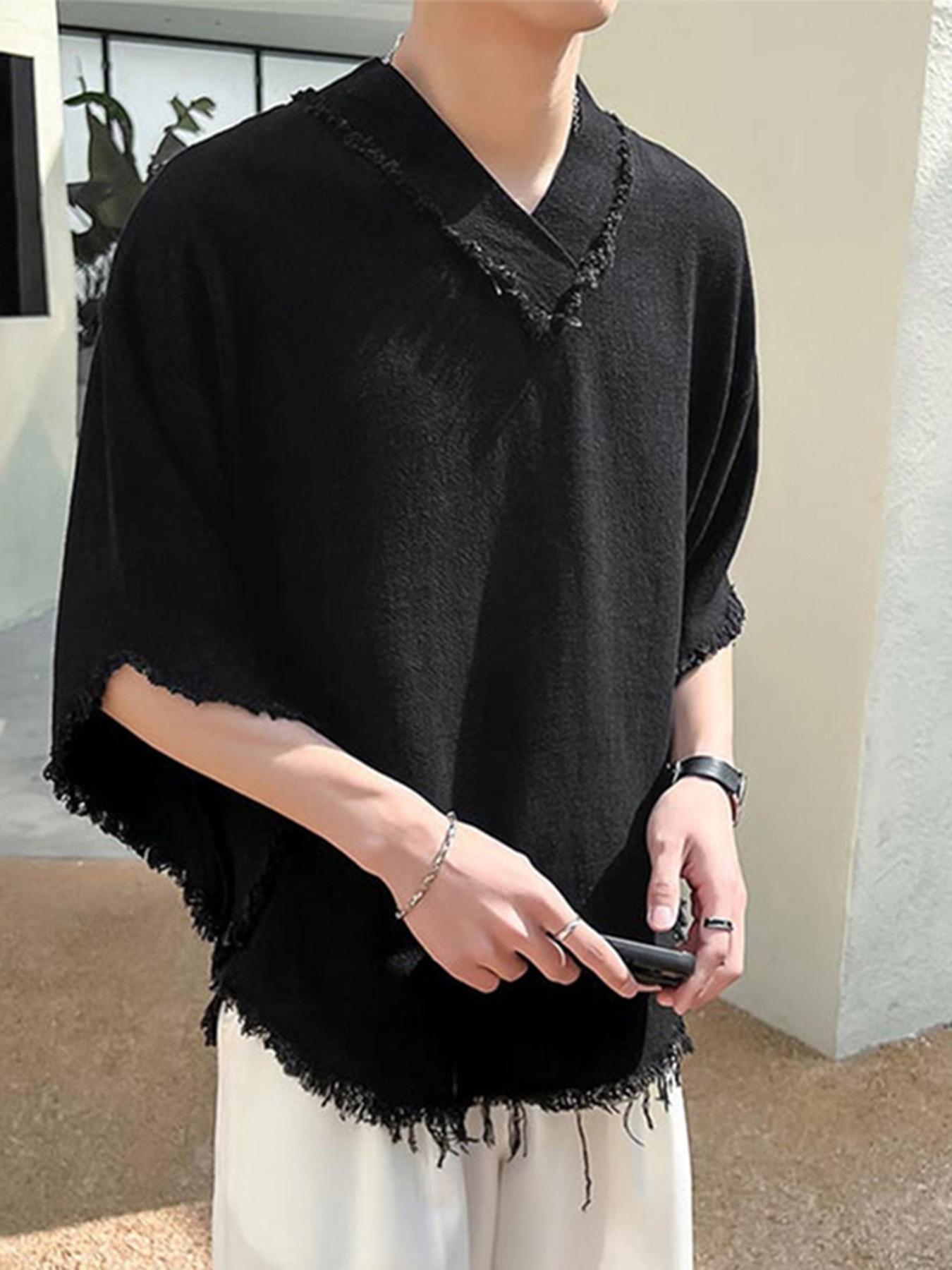 INCERUN Erkaklar uchun Tasodifiy V-yoqasi T-Shirt, 100% Paxta, Cho'zilmaydigan, Erkin Kesim, Bir Rangli, To'qilgan Matodan, Kattalar uchun Yozgi T-Shirt, KATTA O'lcham