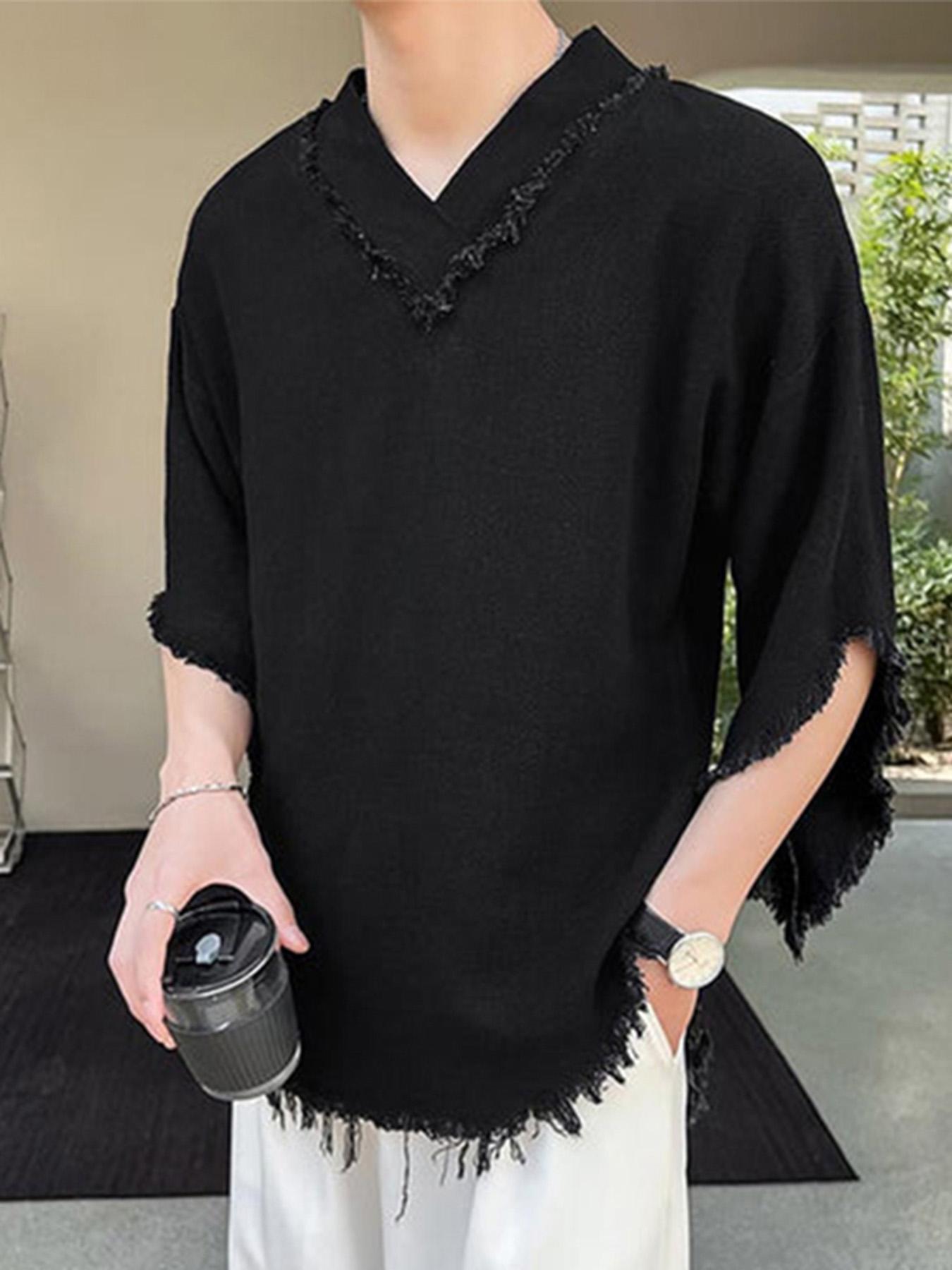 INCERUN Erkaklar uchun Tasodifiy V-yoqasi T-Shirt, 100% Paxta, Cho'zilmaydigan, Erkin Kesim, Bir Rangli, To'qilgan Matodan, Kattalar uchun Yozgi T-Shirt, KATTA O'lcham