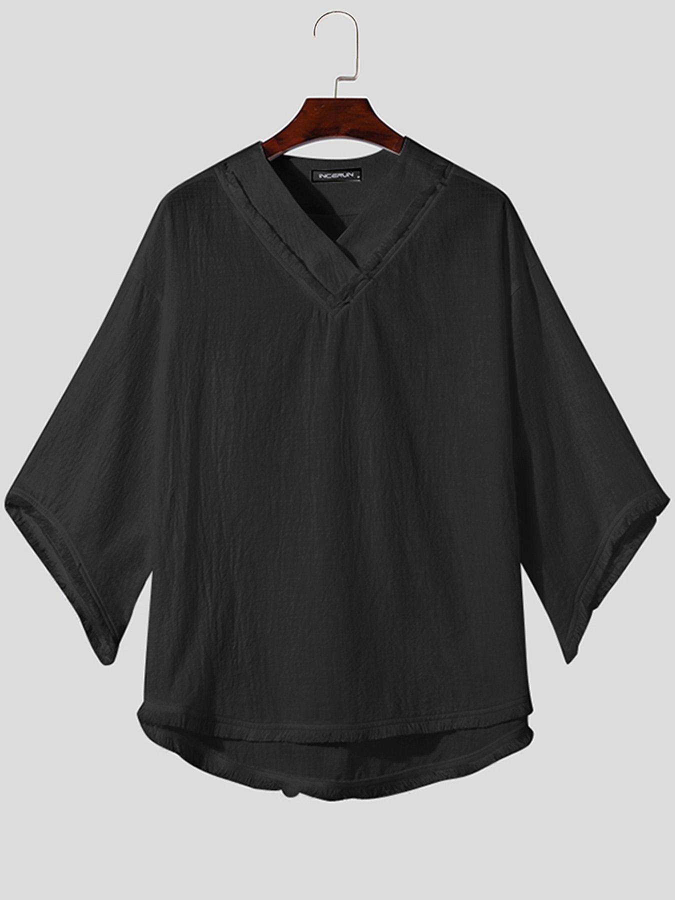 INCERUN Erkaklar uchun Tasodifiy V-yoqasi T-Shirt, 100% Paxta, Cho'zilmaydigan, Erkin Kesim, Bir Rangli, To'qilgan Matodan, Kattalar uchun Yozgi T-Shirt, KATTA O'lcham