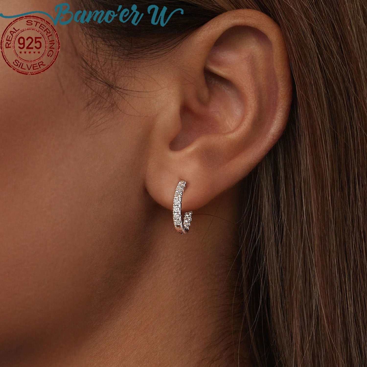 Sterling Silver Hoop Earrings with Moissanite Stones and Platinum Plated Ear Cuffs