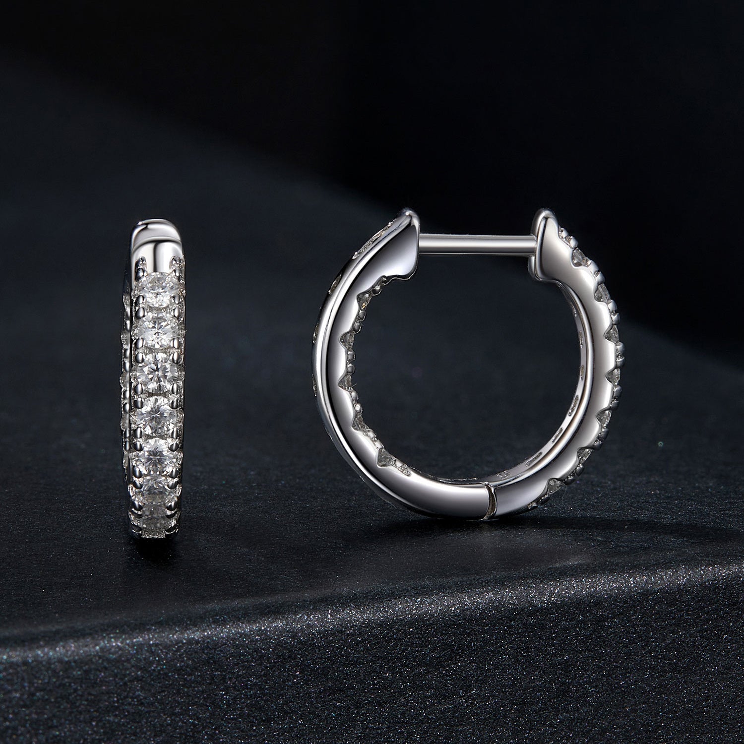 Sterling Silver Hoop Earrings with Moissanite Stones and Platinum Plated Ear Cuffs