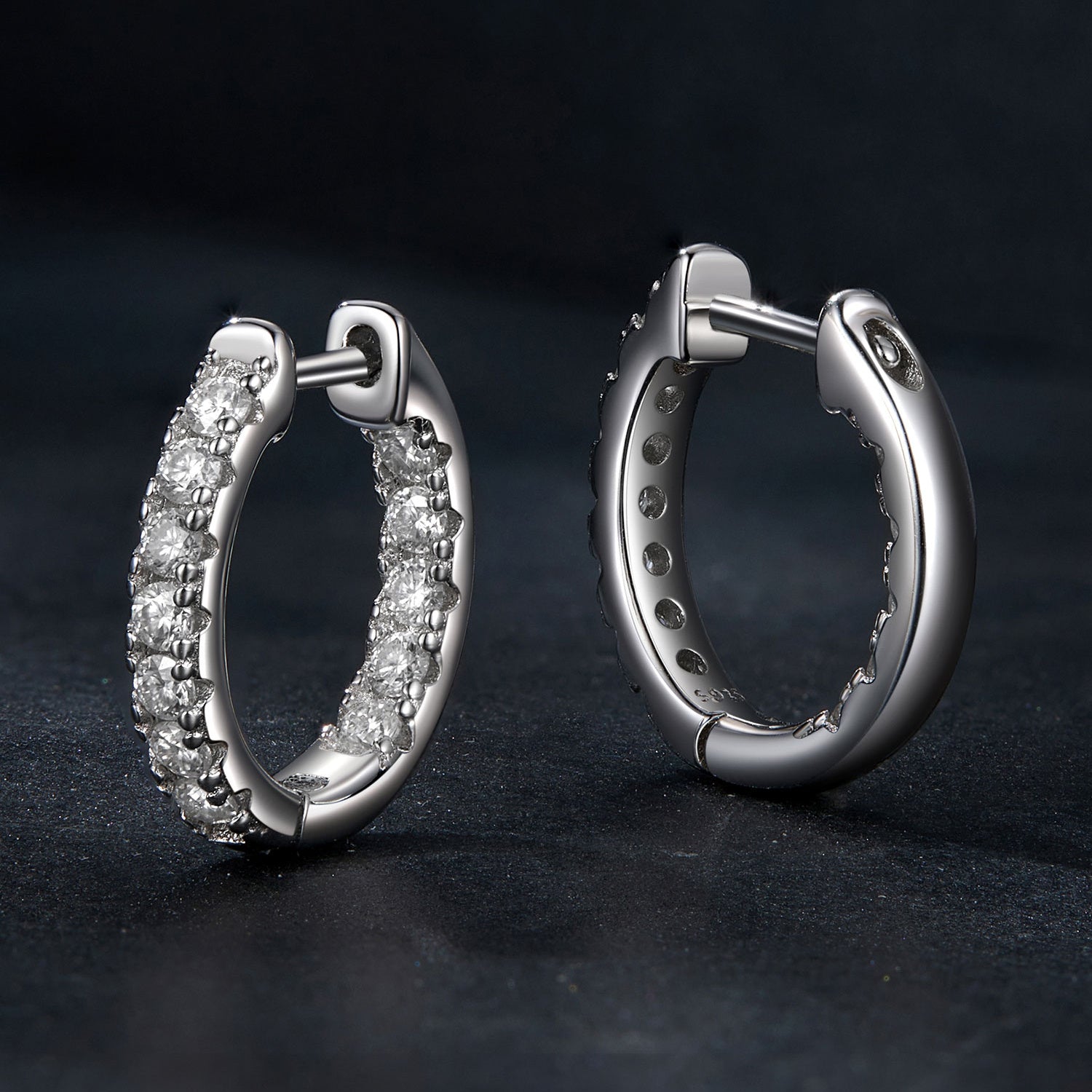 Sterling Silver Hoop Earrings with Moissanite Stones and Platinum Plated Ear Cuffs