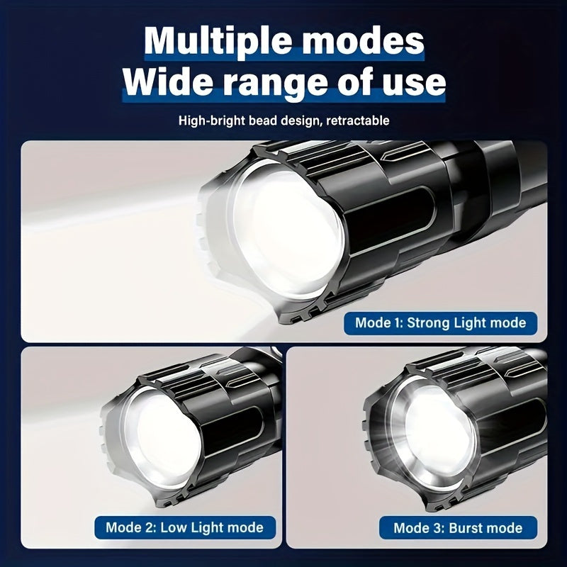 USB перезаряжаемый светодиодный фонарь с дальнобойным освещением, выдвижным дизайном и телескопической фокусировкой для кемпинга и походов.