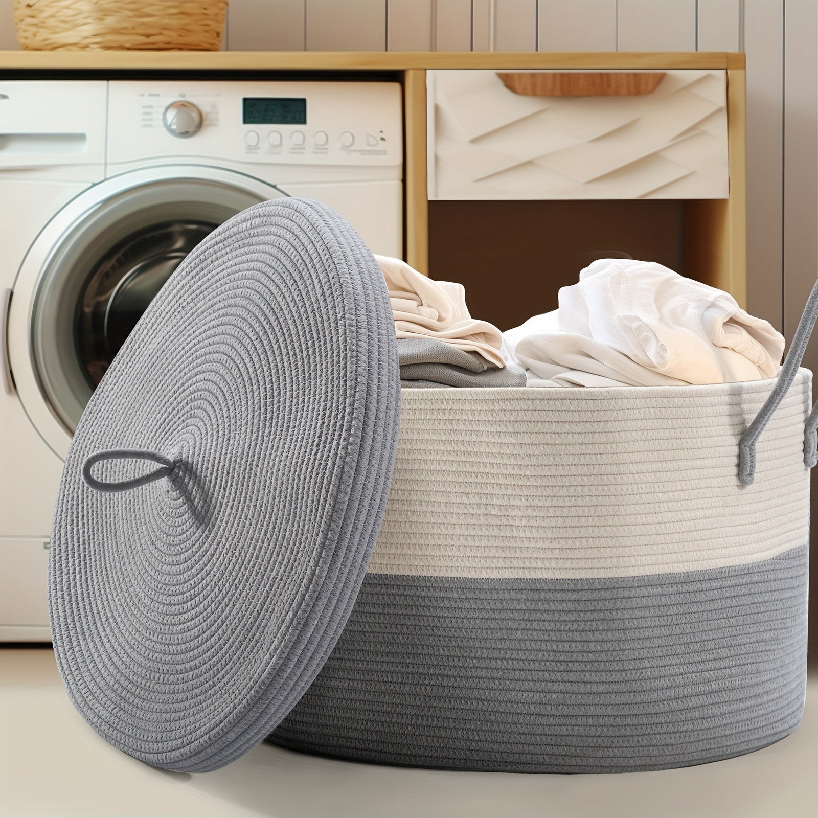 Large Rope Woven Storage Basket for Kids Toys Blankets Laundry Gray White 55cm