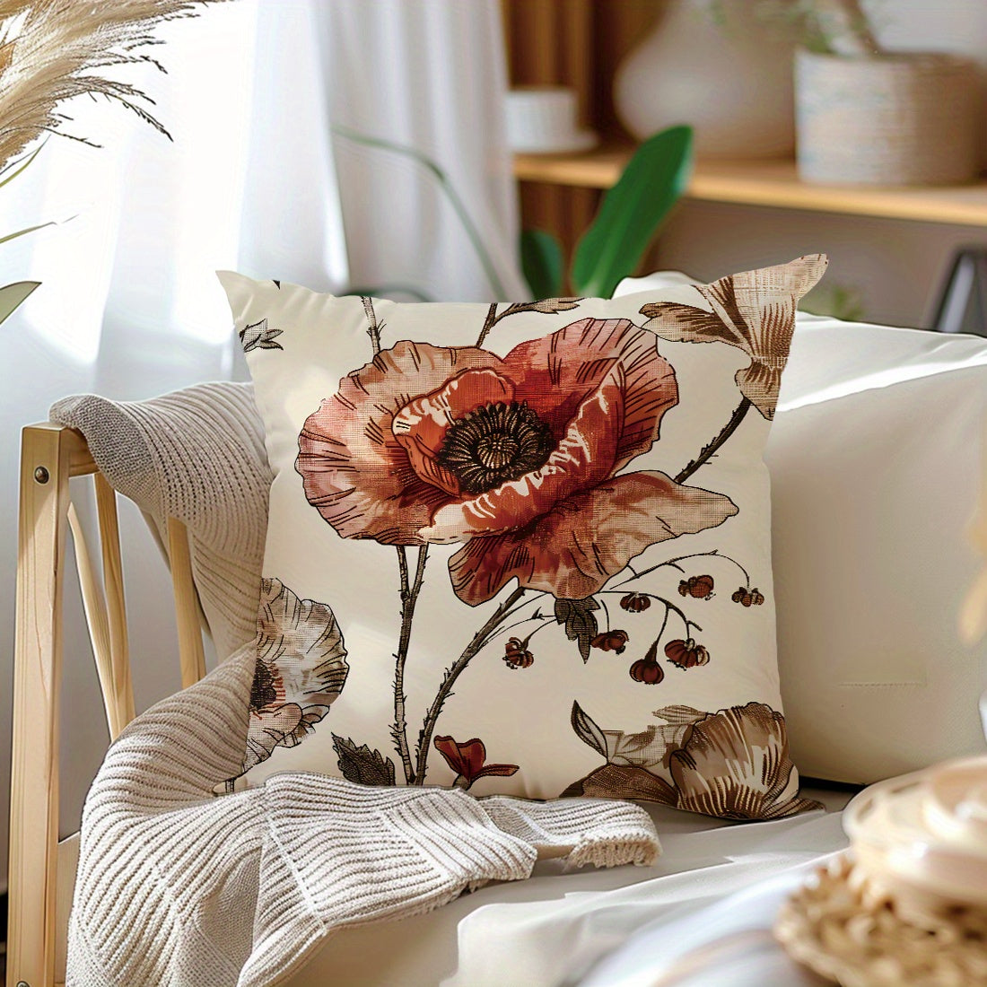 Vintage Floral Garden Throw Pillow Cover 44.96x44.96cm Peach Velvet Single-Sided Zip