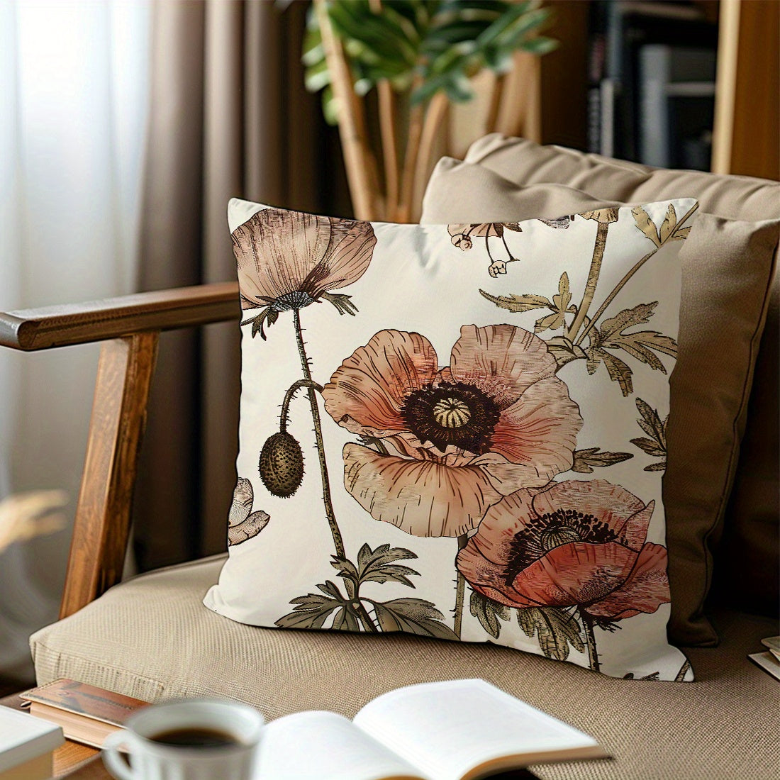 Vintage Floral Garden Throw Pillow Cover 44.96x44.96cm Peach Velvet Single-Sided Zip
