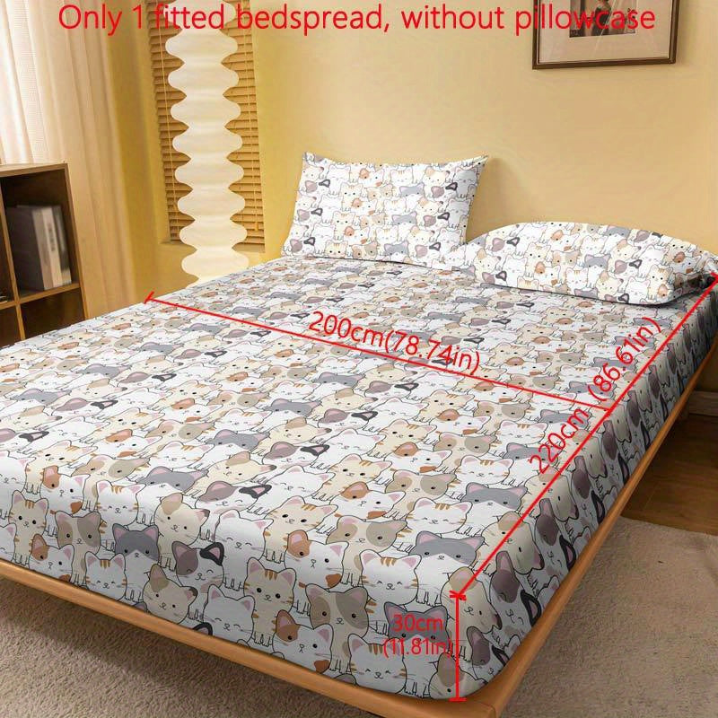 Polyester Fitted Sheet with Cartoon Cat Print Deep Pocket Machine Washable for Bedroom or Guest Room