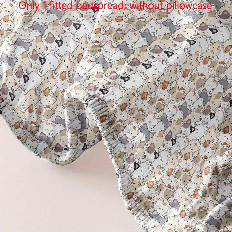 Polyester Fitted Sheet with Cartoon Cat Print Deep Pocket Machine Washable for Bedroom or Guest Room