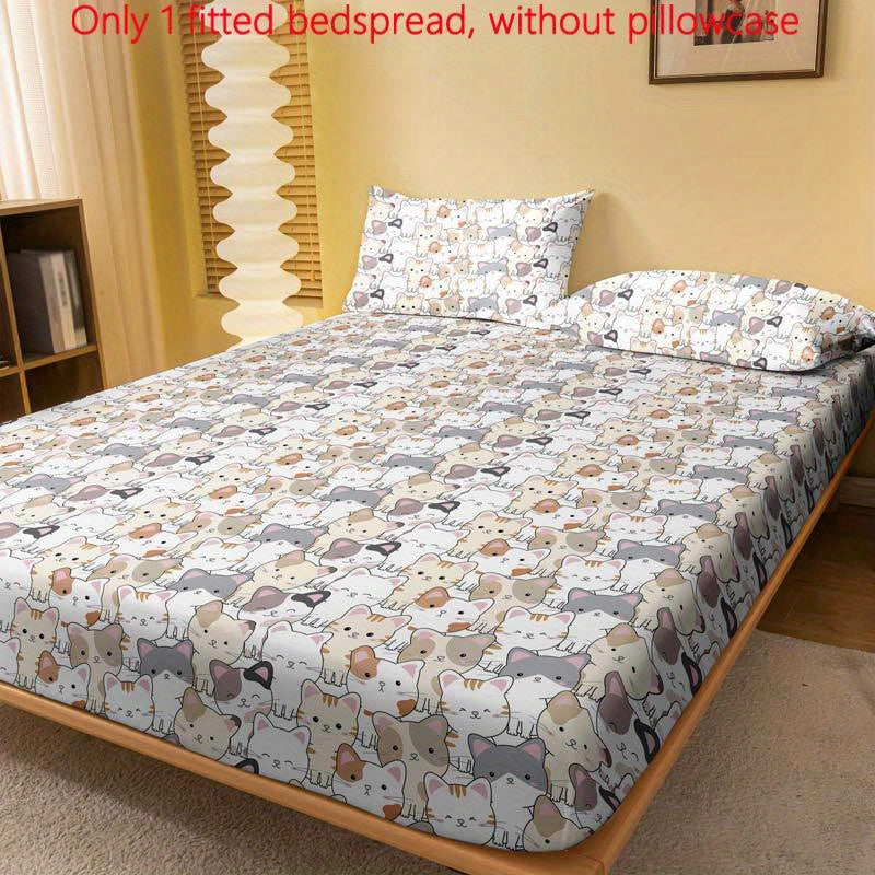 Polyester Fitted Sheet with Cartoon Cat Print Deep Pocket Machine Washable for Bedroom or Guest Room