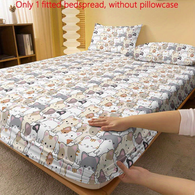 Polyester Fitted Sheet with Cartoon Cat Print Deep Pocket Machine Washable for Bedroom or Guest Room