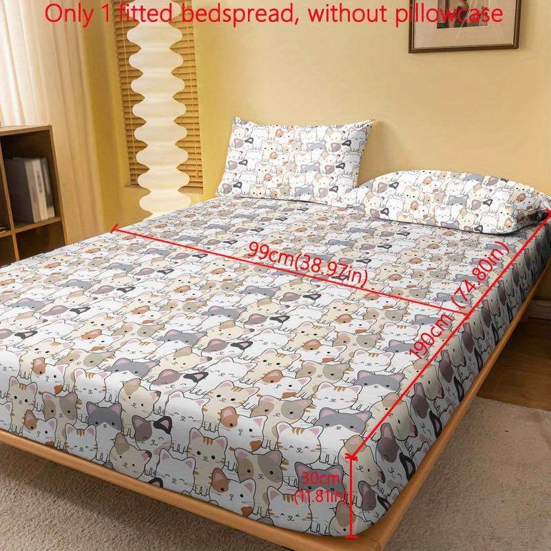 Polyester Fitted Sheet with Cartoon Cat Print Deep Pocket Machine Washable for Bedroom or Guest Room