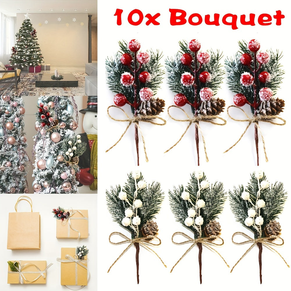 Set of 10 Christmas Artificial Pine Bouquets with Cones Berries and Snowflakes