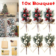 Set of 10 Christmas Artificial Pine Bouquets with Cones Berries and Snowflakes