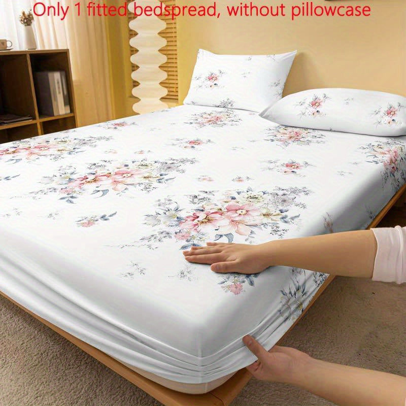 Floral Print Fitted Sheet and Quilted Bed Cover Set Polyester Machine Washable Fits Up to 29cm